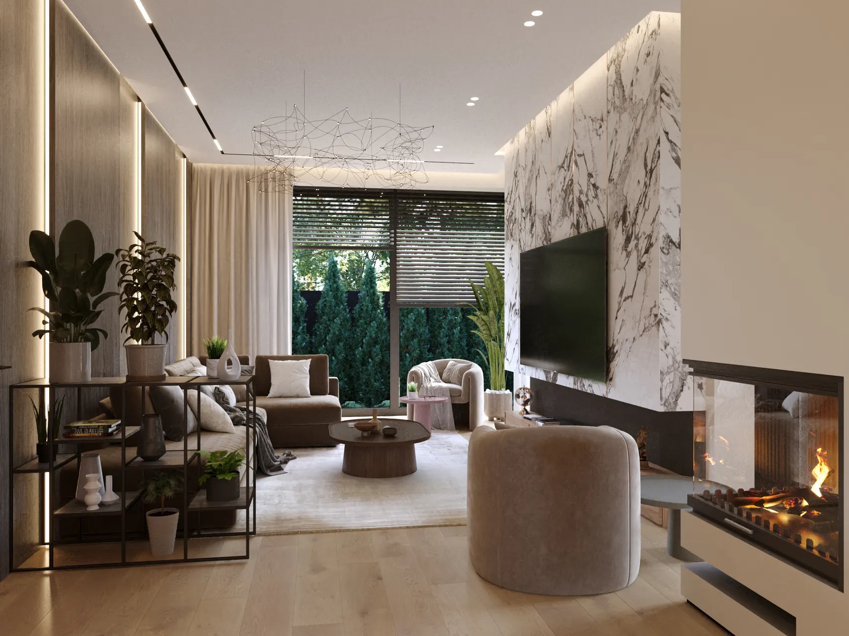 Резиденция Д в КП Pisateli Forest — гостиная, кухня и столовая, фото 1