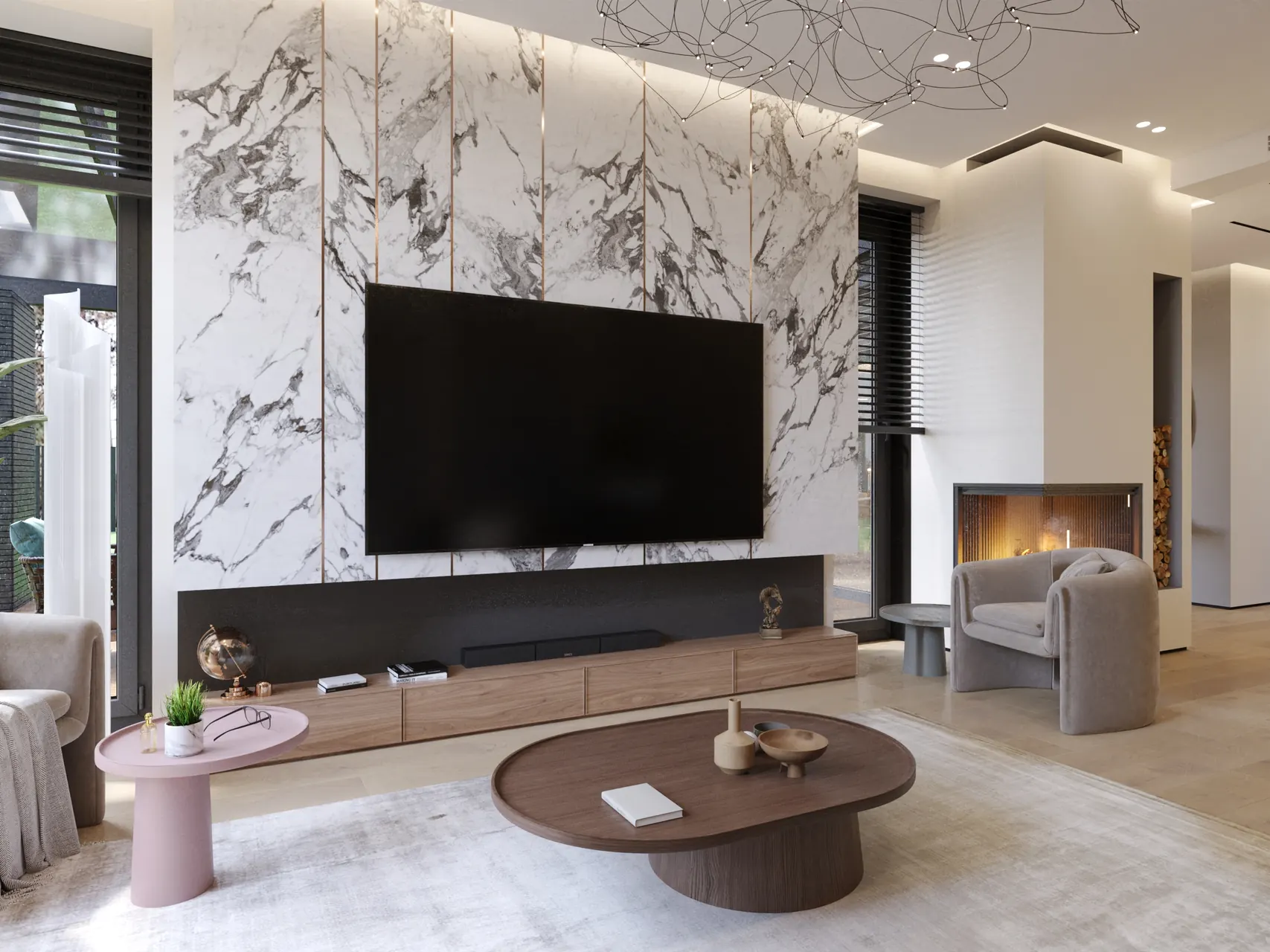 Резиденция Д в КП Pisateli Forest — гостиная, кухня и столовая, фото 3
