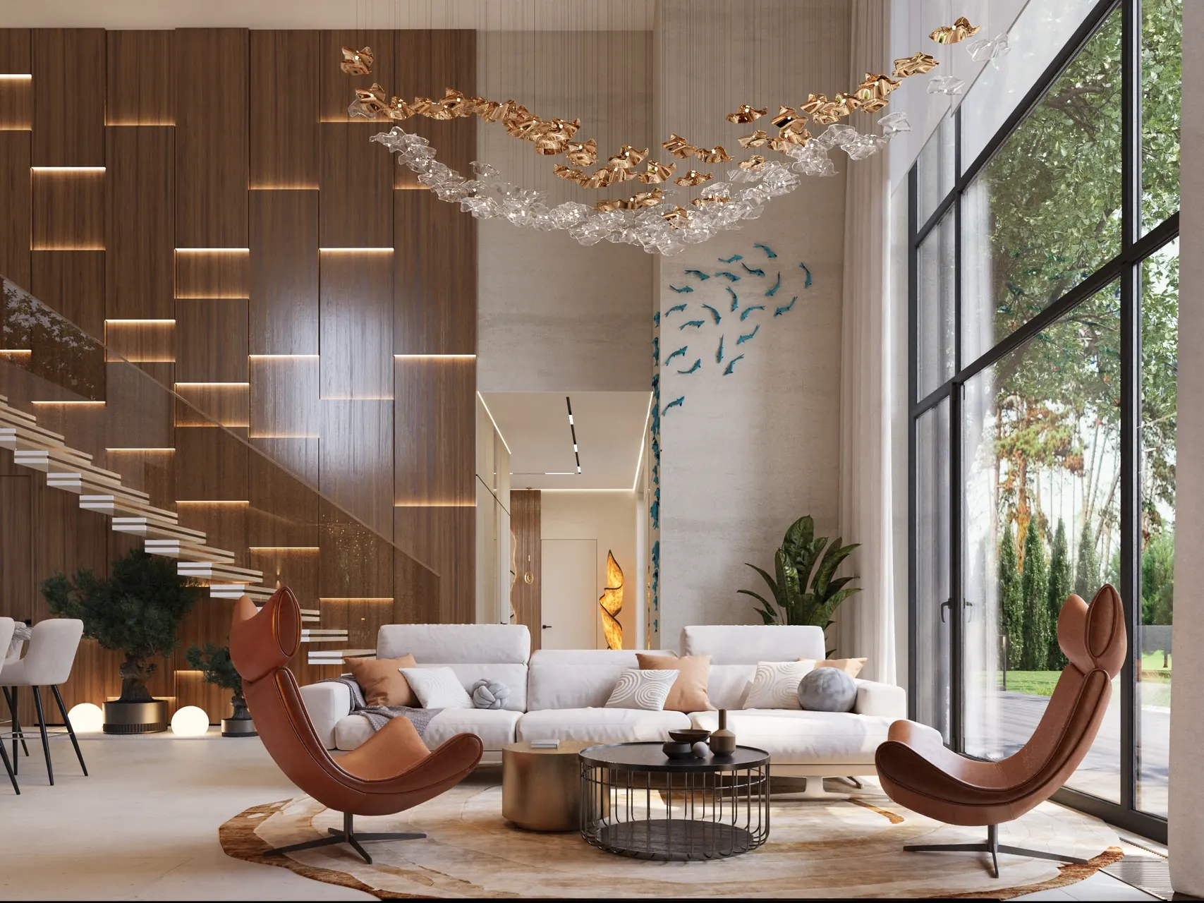 Резиденция Е в КП Pisateli Forest — гостиная, кухня и столовая, фото 1