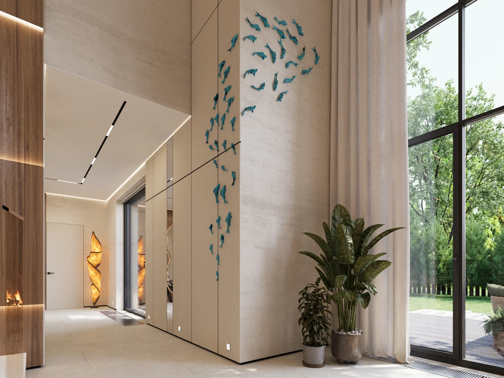 Резиденция Е в КП Pisateli Forest — гостиная, кухня и столовая, фото 3