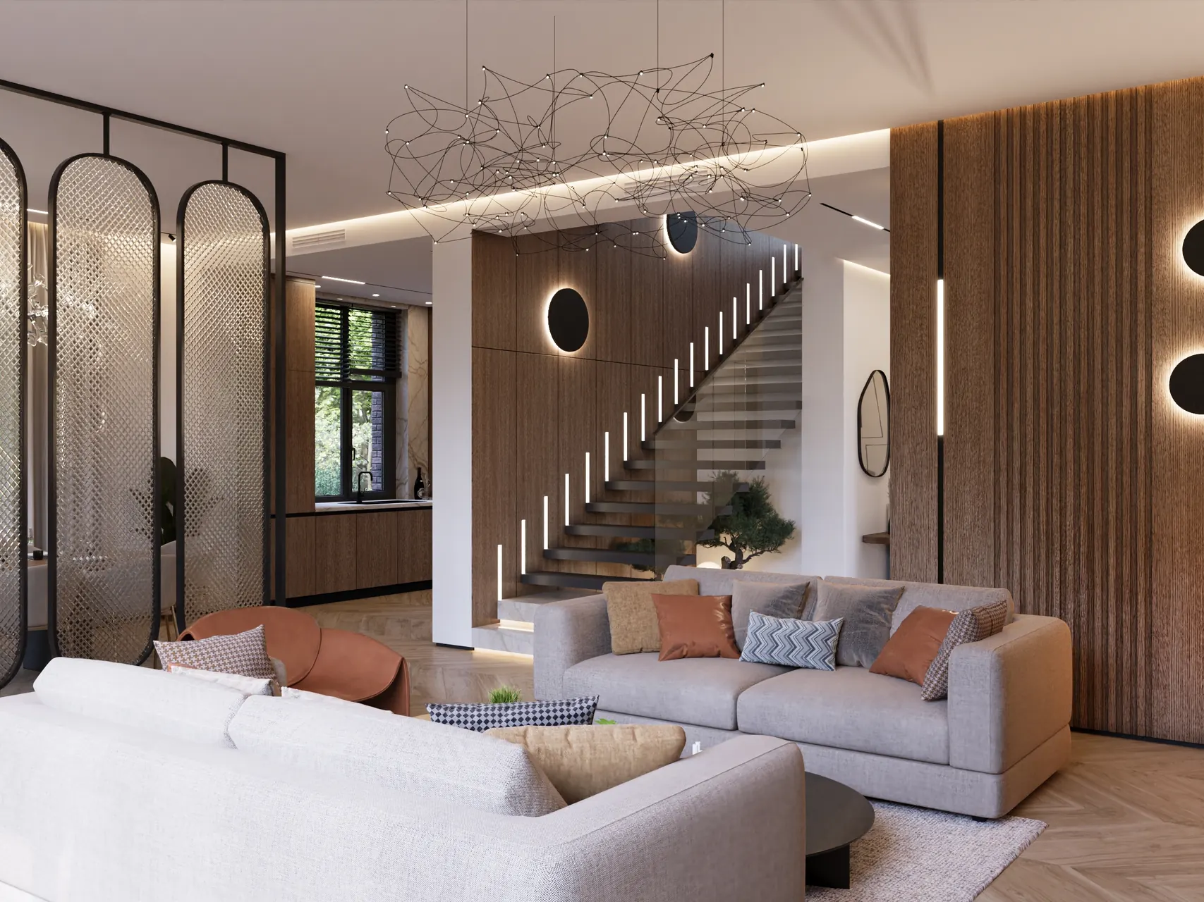 Резиденция И в КП Pisateli Forest — гостиная, кухня и столовая, фото 1
