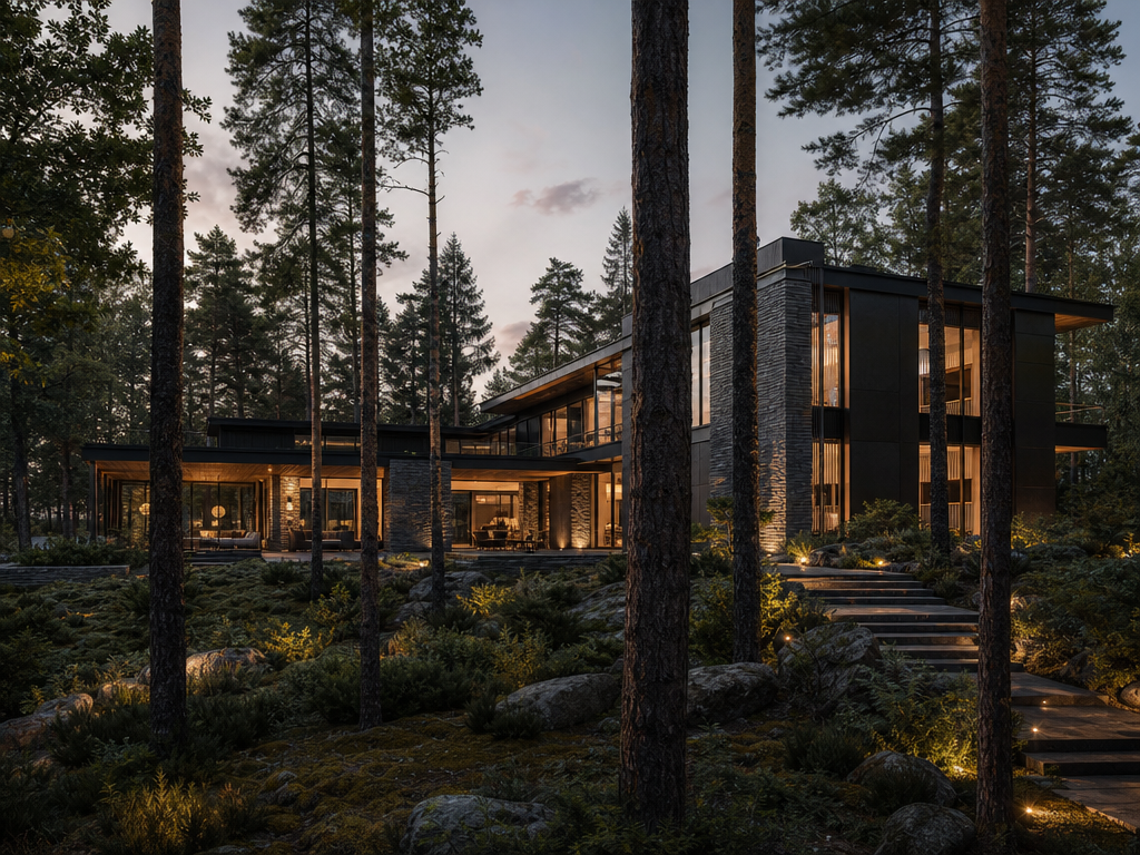 Лесная резиденция Pisateli Forest среди деревьев на закате